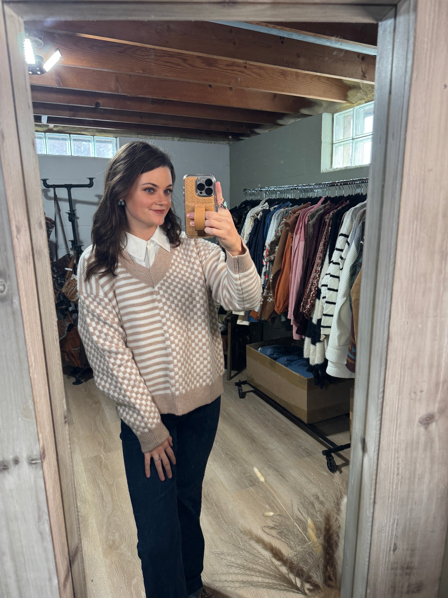 The Fabulous Frenchie Checkered Sweater in Taupe and Ivory